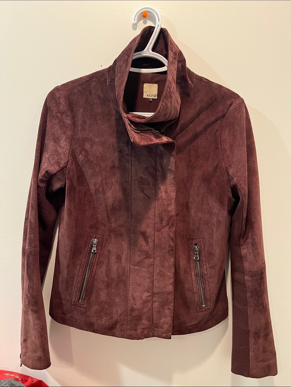 Ecru suede funnel neck jacket